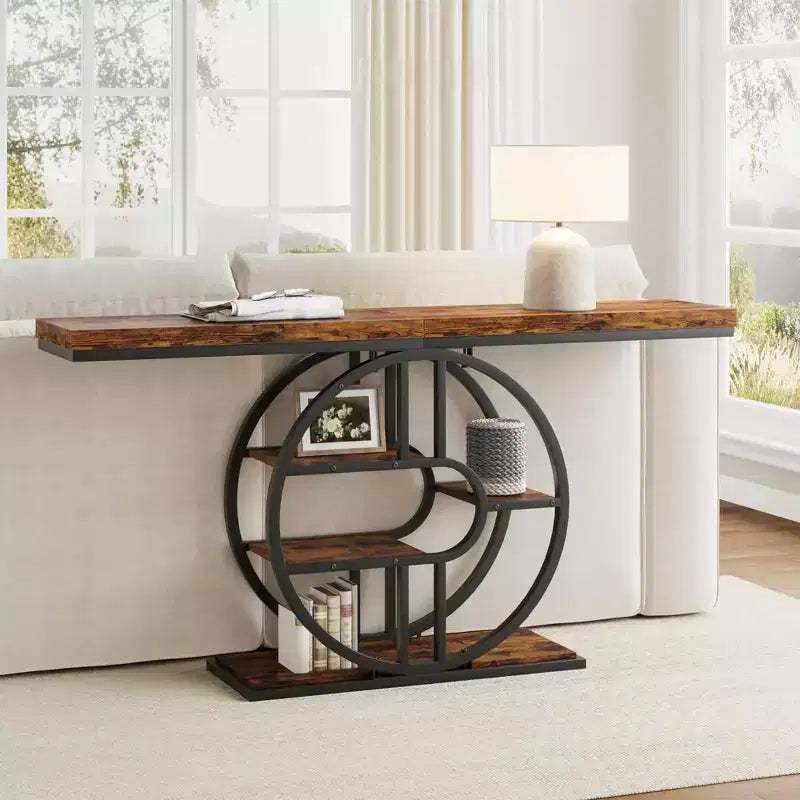 55 Entryway Console Table, Industrial Narrow Long Sofa Table with O-Shaped Metal Frame, Behind Couch Table for Living Room Hallway Entrance