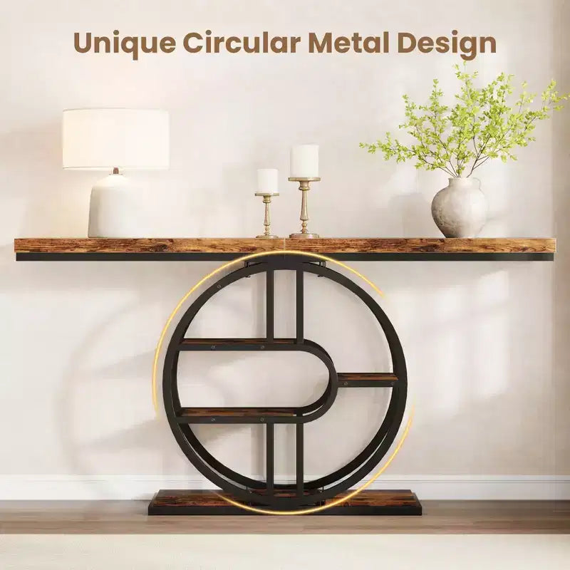 55 Entryway Console Table, Industrial Narrow Long Sofa Table with O-Shaped Metal Frame, Behind Couch Table for Living Room Hallway Entrance