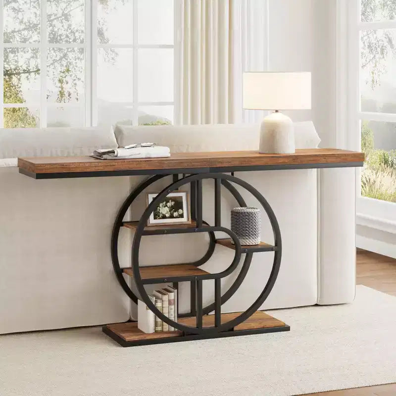 55 Entryway Console Table, Industrial Narrow Long Sofa Table with O-Shaped Metal Frame, Behind Couch Table for Living Room Hallway Entrance