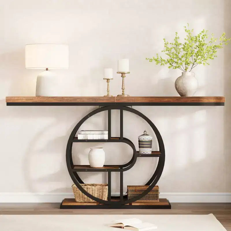 55 Entryway Console Table, Industrial Narrow Long Sofa Table with O-Shaped Metal Frame, Behind Couch Table for Living Room Hallway Entrance