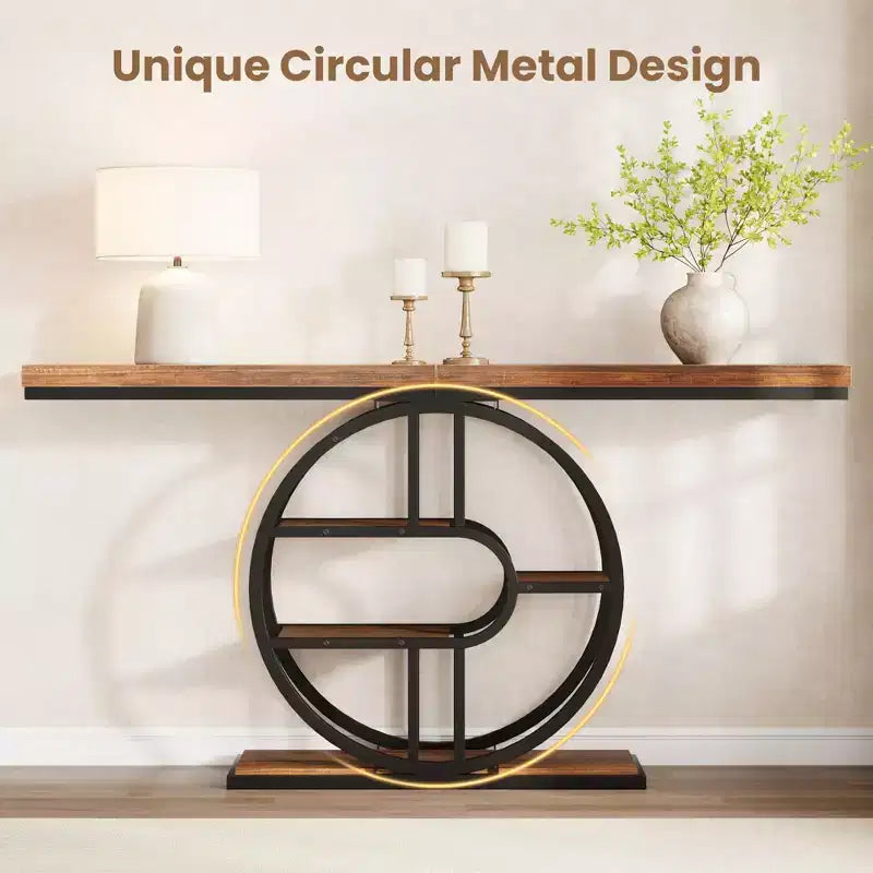55 Entryway Console Table, Industrial Narrow Long Sofa Table with O-Shaped Metal Frame, Behind Couch Table for Living Room Hallway Entrance