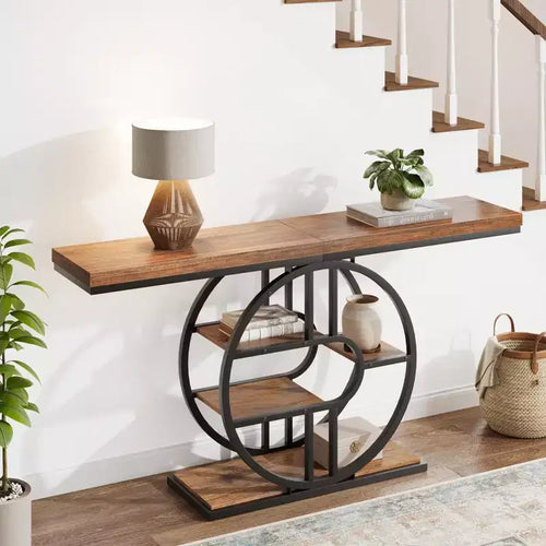 55 Entryway Console Table, Industrial Narrow Long Sofa Table with O-Shaped Metal Frame, Behind Couch Table for Living Room Hallway Entrance