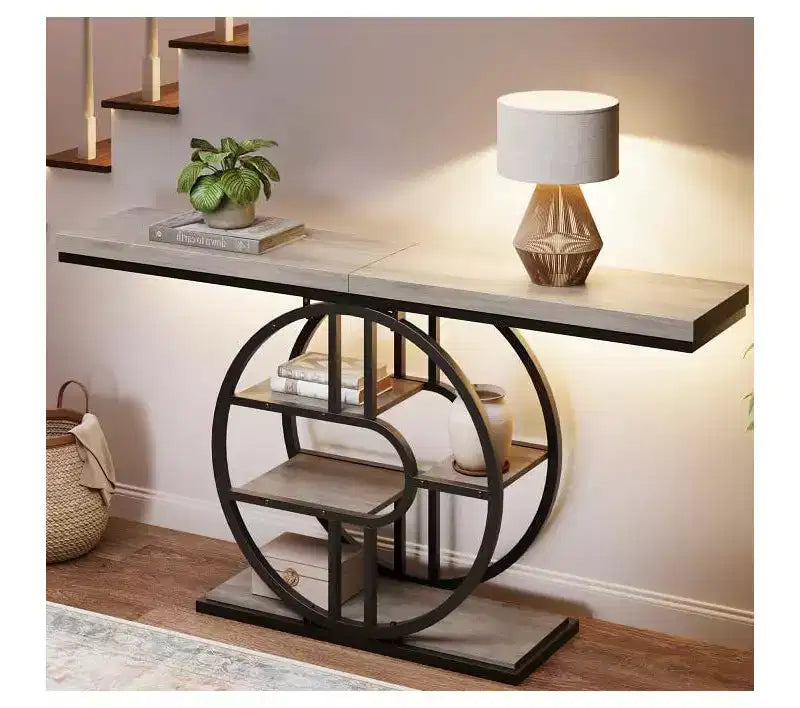 55 Entryway Console Table, Industrial Narrow Long Sofa Table with O-Shaped Metal Frame, Behind Couch Table for Living Room Hallway Entrance