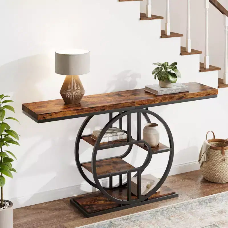 55 Entryway Console Table, Industrial Narrow Long Sofa Table with O-Shaped Metal Frame, Behind Couch Table for Living Room Hallway Entrance