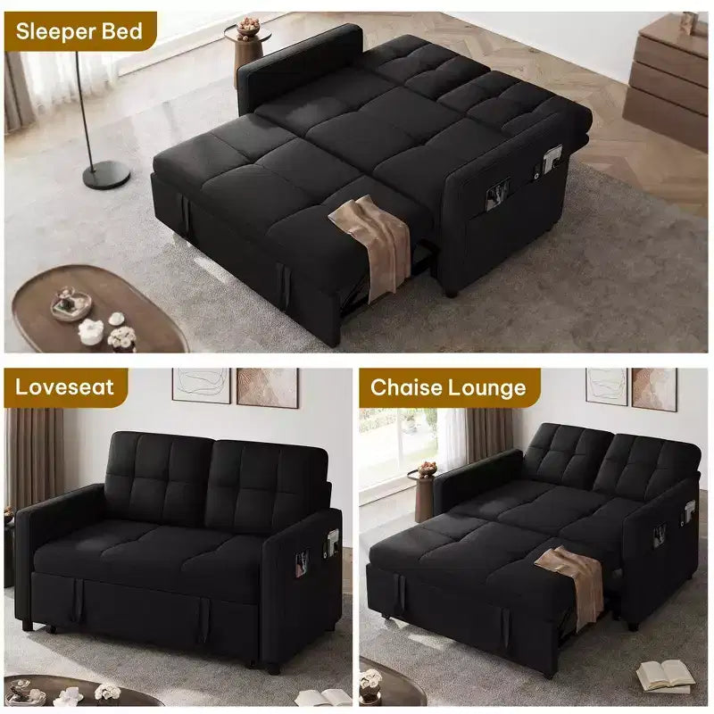 Balconera 3 In 1 Fabric Futon Couches Reclining Backrest Convertible Sofa Bed Loveseat Sleeper Pull Out Couch with Side Storage Bag for Small Spaces
