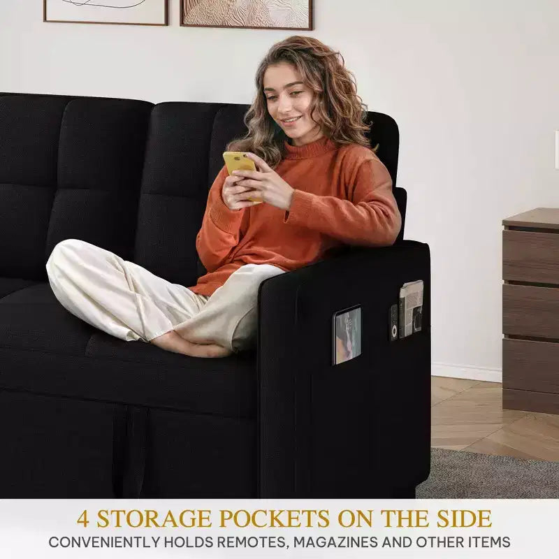 Balconera 3 In 1 Fabric Futon Couches Reclining Backrest Convertible Sofa Bed Loveseat Sleeper Pull Out Couch with Side Storage Bag for Small Spaces