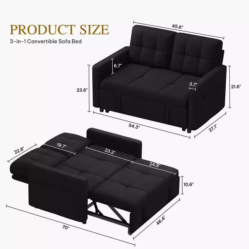 Balconera 3 In 1 Fabric Futon Couches Reclining Backrest Convertible Sofa Bed Loveseat Sleeper Pull Out Couch with Side Storage Bag for Small Spaces