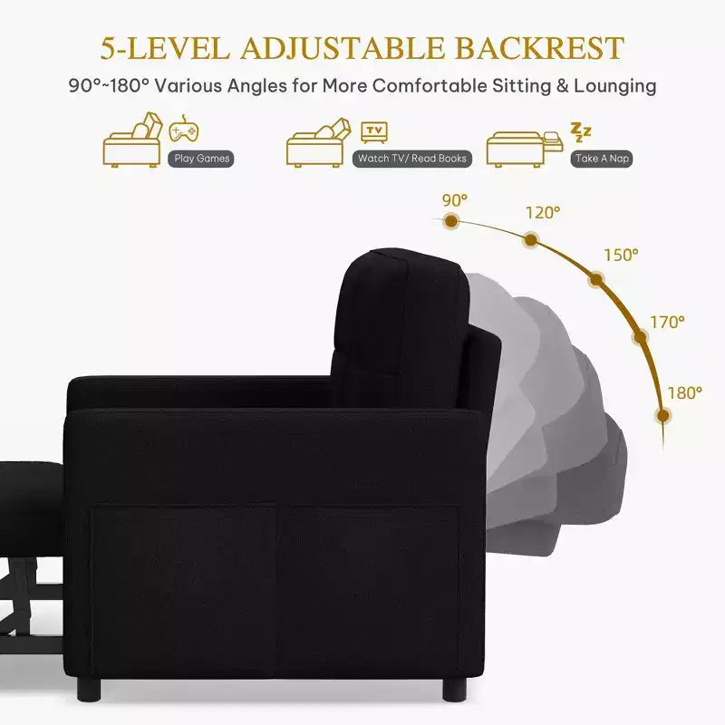 Balconera 3 In 1 Fabric Futon Couches Reclining Backrest Convertible Sofa Bed Loveseat Sleeper Pull Out Couch with Side Storage Bag for Small Spaces