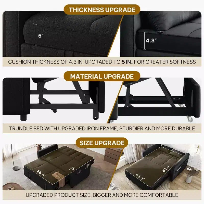 Balconera 3 In 1 Fabric Futon Couches Reclining Backrest Convertible Sofa Bed Loveseat Sleeper Pull Out Couch with Side Storage Bag for Small Spaces