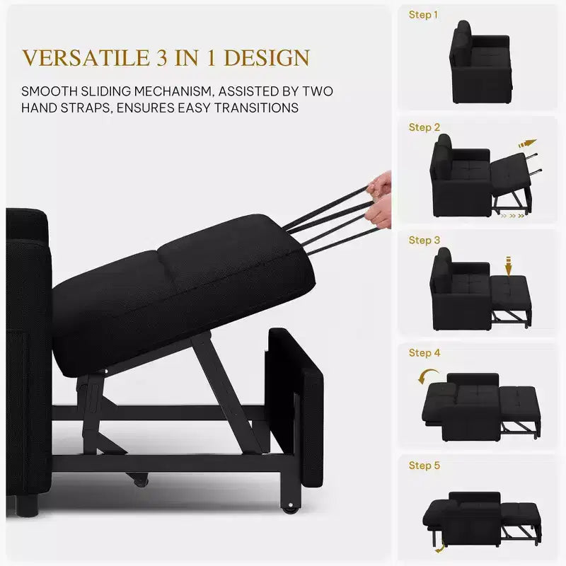 Balconera 3 In 1 Fabric Futon Couches Reclining Backrest Convertible Sofa Bed Loveseat Sleeper Pull Out Couch with Side Storage Bag for Small Spaces