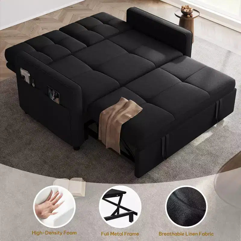 Balconera 3 In 1 Fabric Futon Couches Reclining Backrest Convertible Sofa Bed Loveseat Sleeper Pull Out Couch with Side Storage Bag for Small Spaces