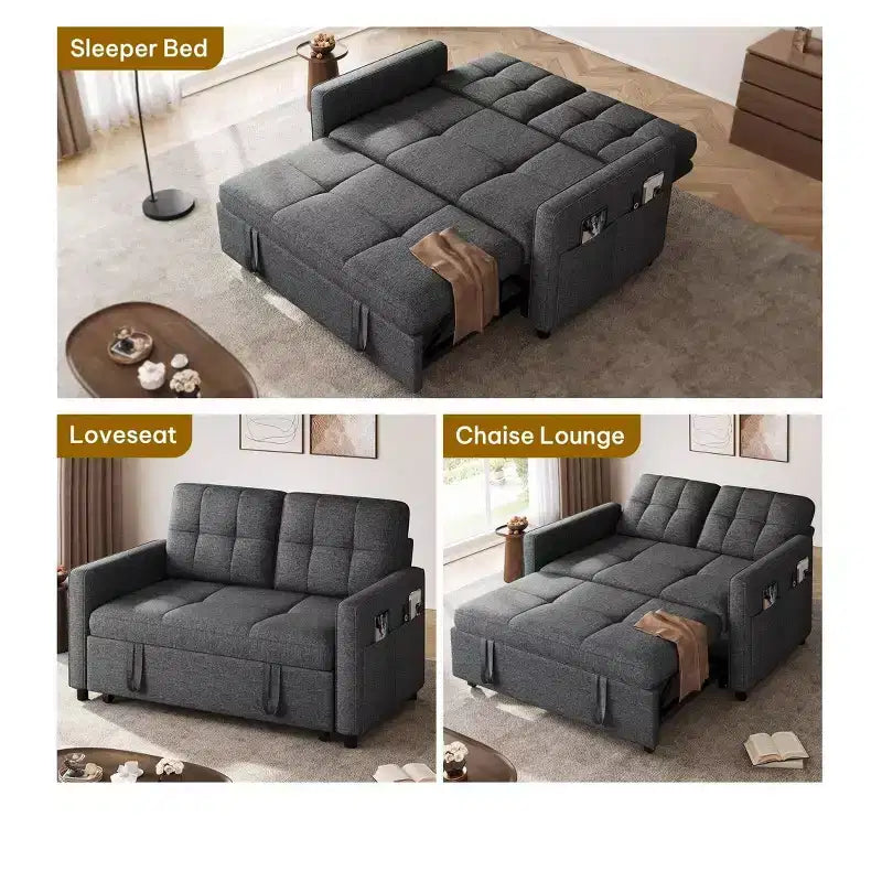 Balconera 3 In 1 Fabric Futon Couches Reclining Backrest Convertible Sofa Bed Loveseat Sleeper Pull Out Couch with Side Storage Bag for Small Spaces