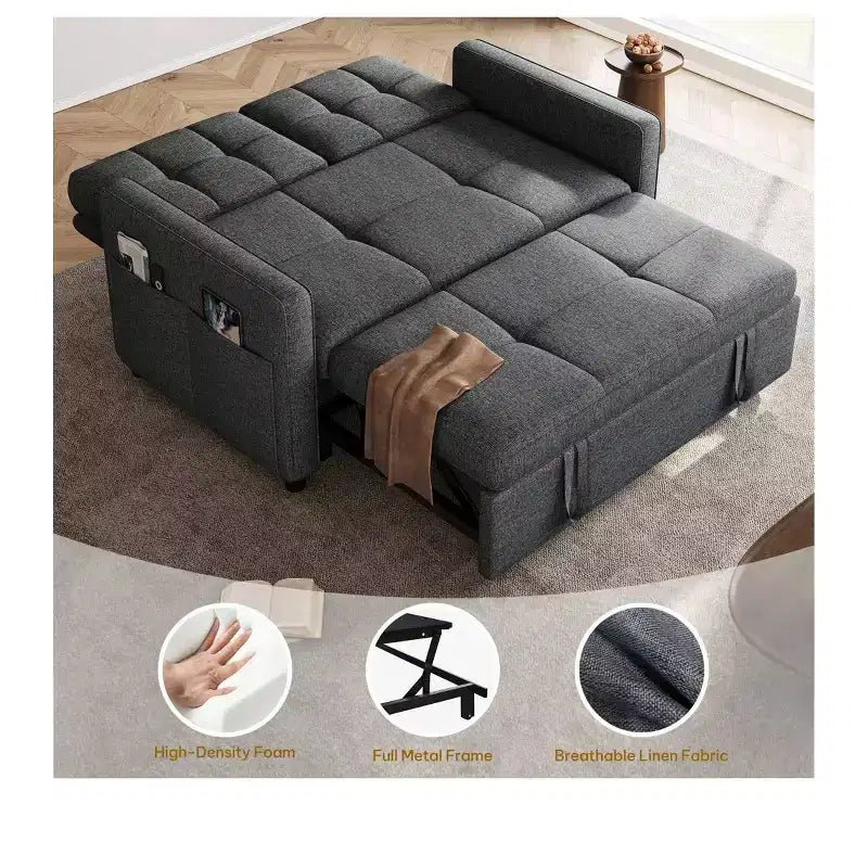 Balconera 3 In 1 Fabric Futon Couches Reclining Backrest Convertible Sofa Bed Loveseat Sleeper Pull Out Couch with Side Storage Bag for Small Spaces