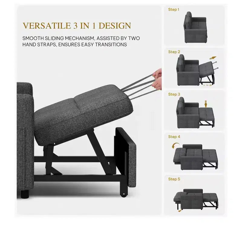 Balconera 3 In 1 Fabric Futon Couches Reclining Backrest Convertible Sofa Bed Loveseat Sleeper Pull Out Couch with Side Storage Bag for Small Spaces