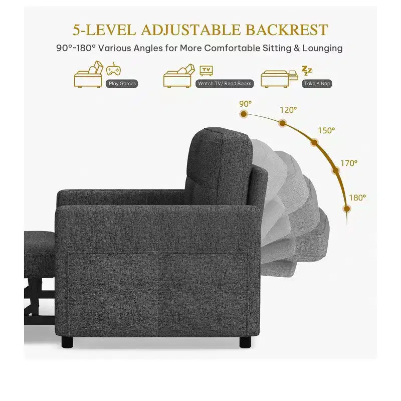 Balconera 3 In 1 Fabric Futon Couches Reclining Backrest Convertible Sofa Bed Loveseat Sleeper Pull Out Couch with Side Storage Bag for Small Spaces