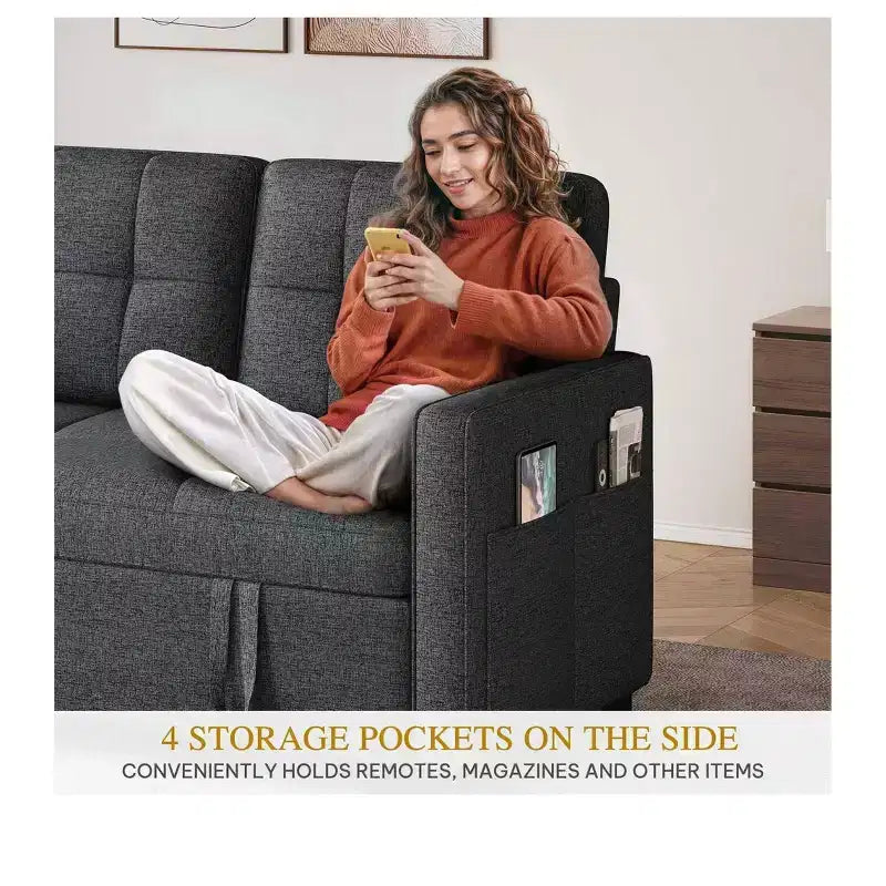 Balconera 3 In 1 Fabric Futon Couches Reclining Backrest Convertible Sofa Bed Loveseat Sleeper Pull Out Couch with Side Storage Bag for Small Spaces