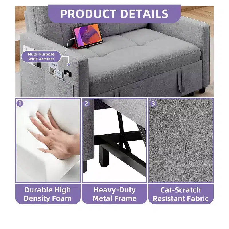 Balconera 3 In 1 Fabric Futon Couches Reclining Backrest Convertible Sofa Bed Loveseat Sleeper Pull Out Couch with Side Storage Bag for Small Spaces