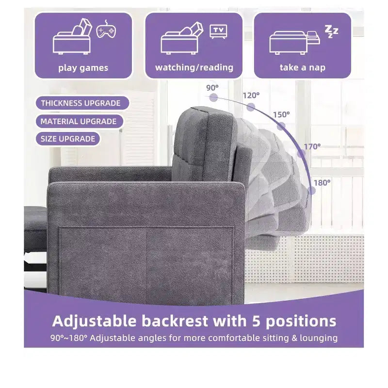 Balconera 3 In 1 Fabric Futon Couches Reclining Backrest Convertible Sofa Bed Loveseat Sleeper Pull Out Couch with Side Storage Bag for Small Spaces