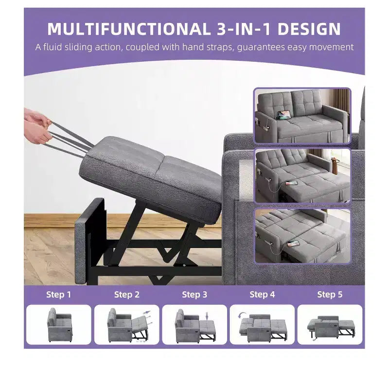 Balconera 3 In 1 Fabric Futon Couches Reclining Backrest Convertible Sofa Bed Loveseat Sleeper Pull Out Couch with Side Storage Bag for Small Spaces