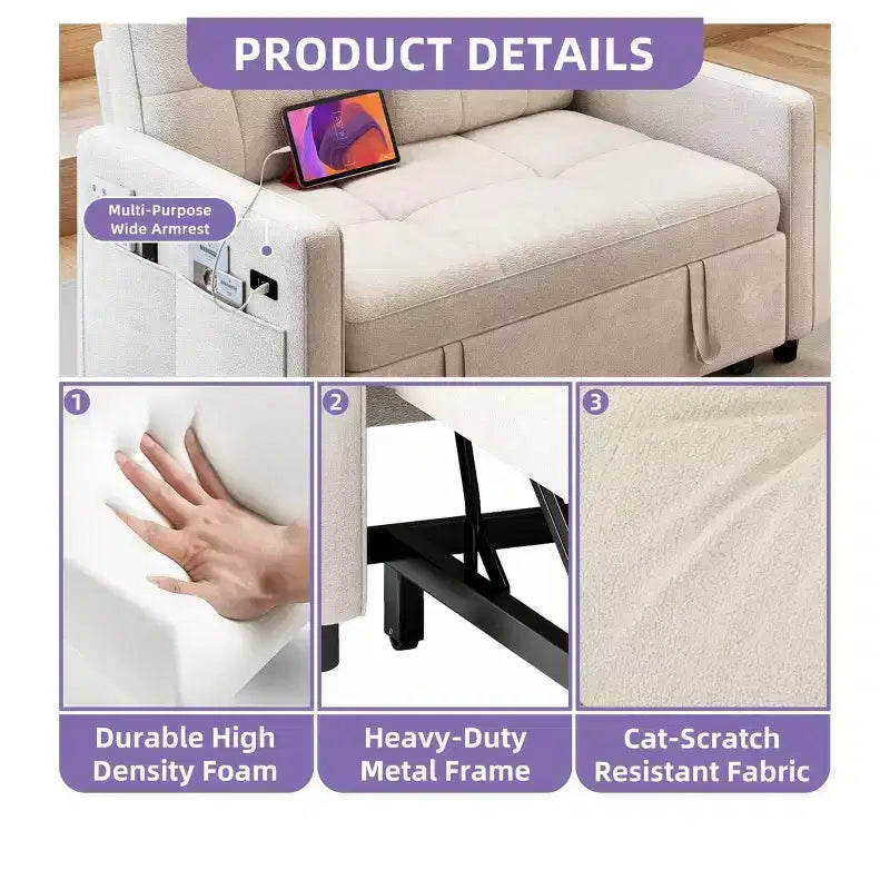 Balconera 3 In 1 Fabric Futon Couches Reclining Backrest Convertible Sofa Bed Loveseat Sleeper Pull Out Couch with Side Storage Bag for Small Spaces