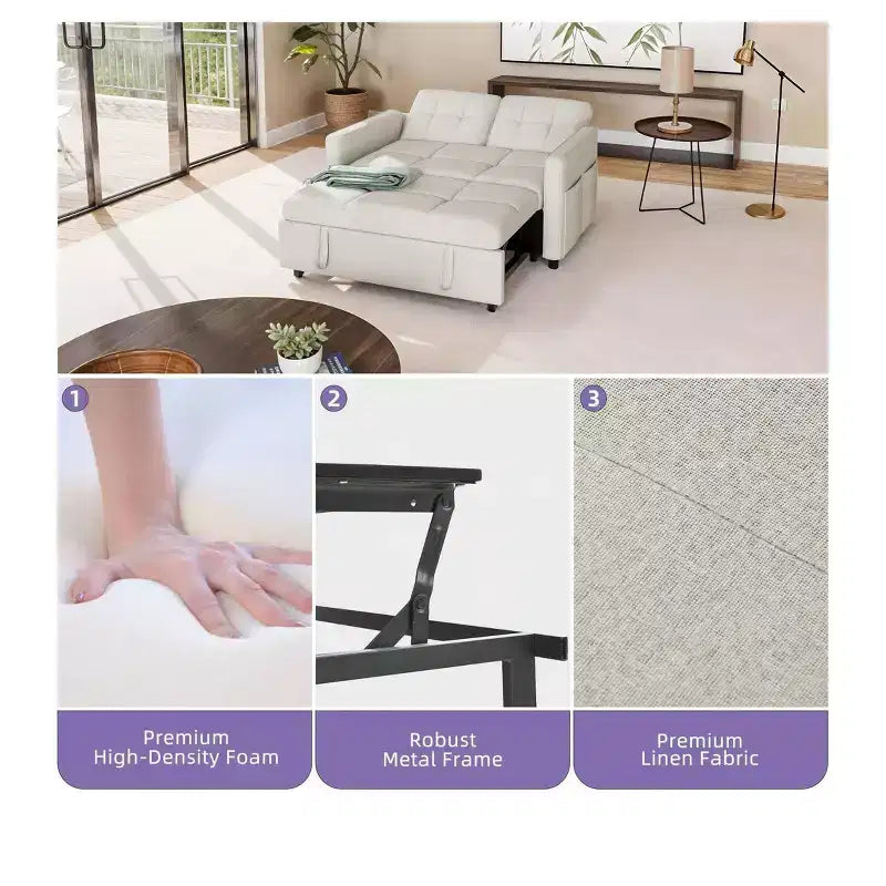 Balconera 3 In 1 Fabric Futon Couches Reclining Backrest Convertible Sofa Bed Loveseat Sleeper Pull Out Couch with Side Storage Bag for Small Spaces