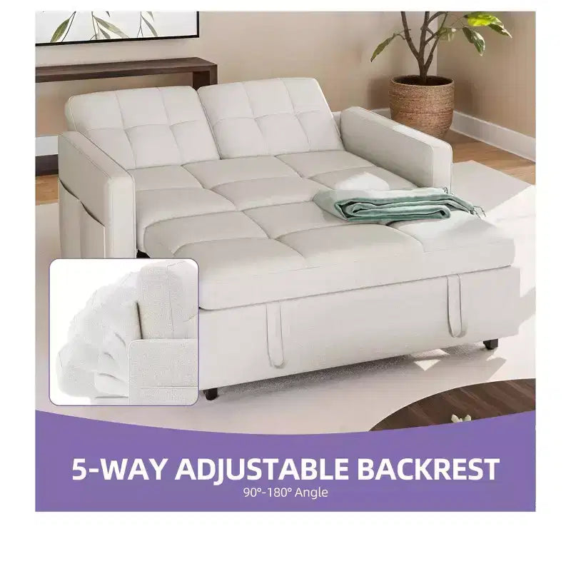 Balconera 3 In 1 Fabric Futon Couches Reclining Backrest Convertible Sofa Bed Loveseat Sleeper Pull Out Couch with Side Storage Bag for Small Spaces
