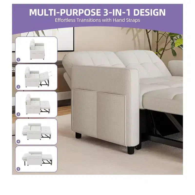 Balconera 3 In 1 Fabric Futon Couches Reclining Backrest Convertible Sofa Bed Loveseat Sleeper Pull Out Couch with Side Storage Bag for Small Spaces