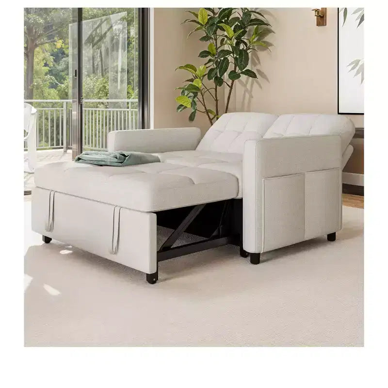 Balconera 3 In 1 Fabric Futon Couches Reclining Backrest Convertible Sofa Bed Loveseat Sleeper Pull Out Couch with Side Storage Bag for Small Spaces