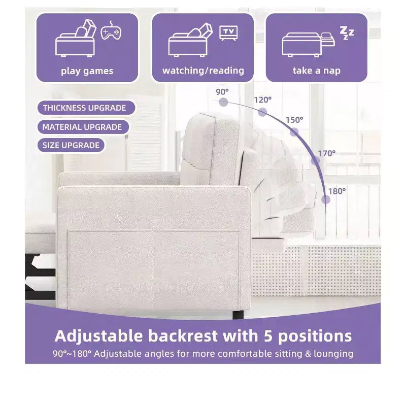 Balconera 3 In 1 Fabric Futon Couches Reclining Backrest Convertible Sofa Bed Loveseat Sleeper Pull Out Couch with Side Storage Bag for Small Spaces