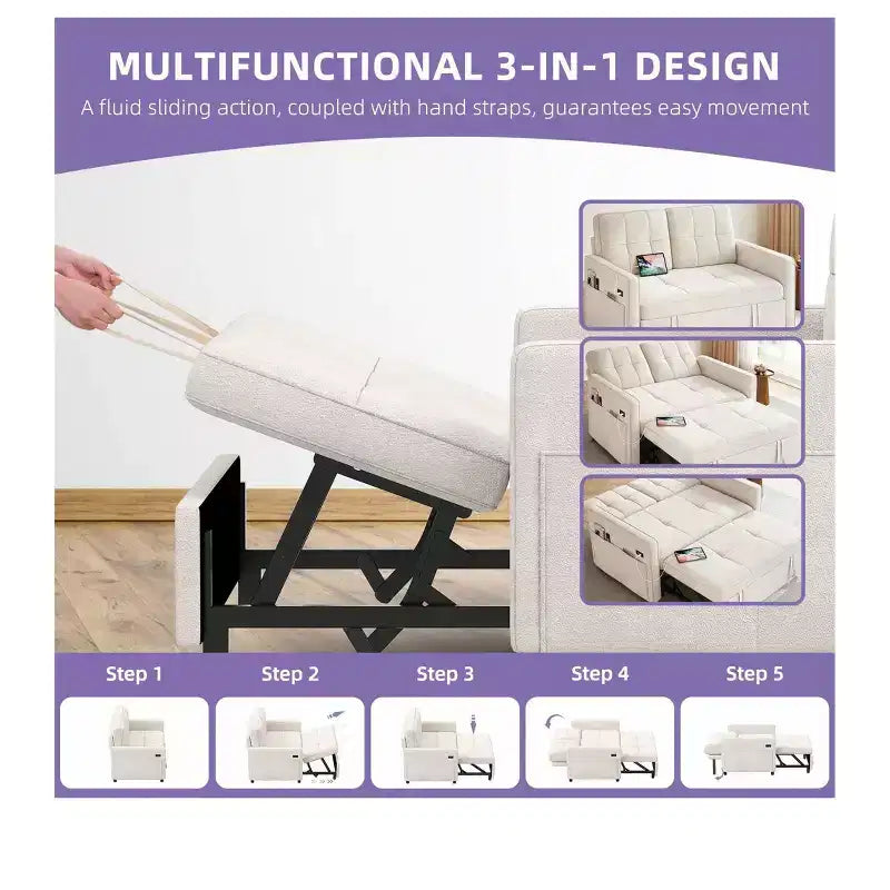 Balconera 3 In 1 Fabric Futon Couches Reclining Backrest Convertible Sofa Bed Loveseat Sleeper Pull Out Couch with Side Storage Bag for Small Spaces