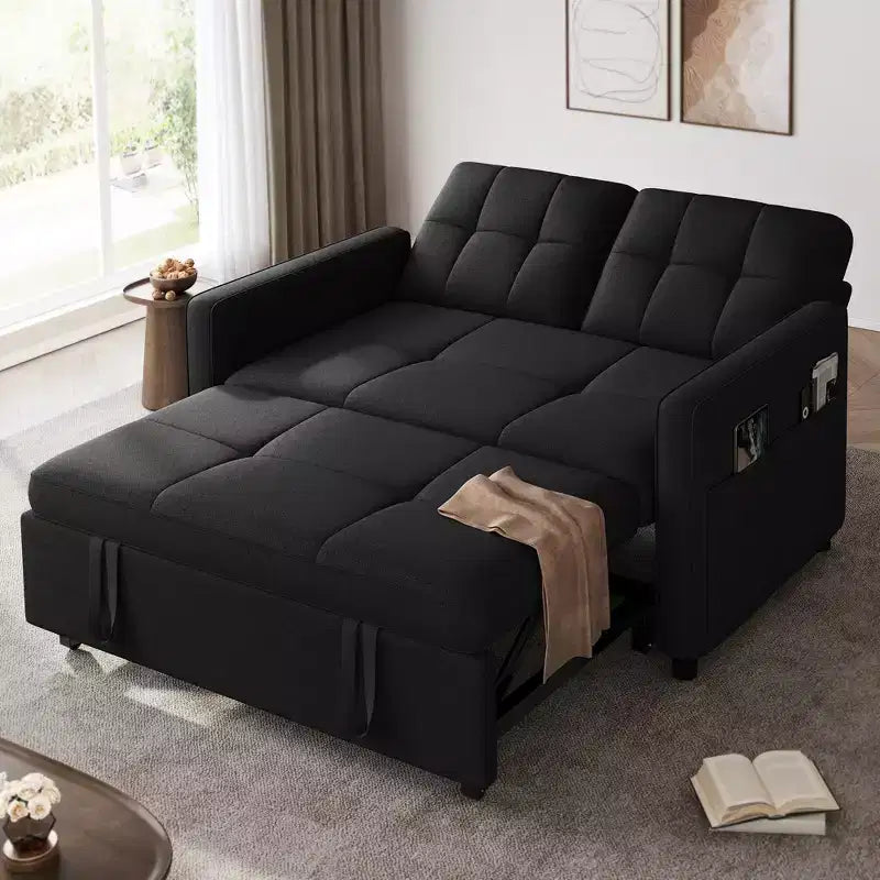 Balconera 3 In 1 Fabric Futon Couches Reclining Backrest Convertible Sofa Bed Loveseat Sleeper Pull Out Couch with Side Storage Bag for Small Spaces