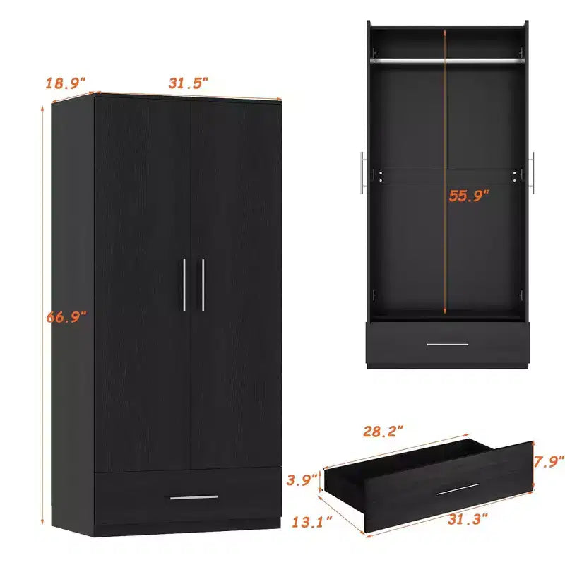 Famapy Double-Door Wardrobe with Drawer Armoire: Hanging Rod + Smooth Hinges Space-Saving Clothing Organizer for Bedrooms