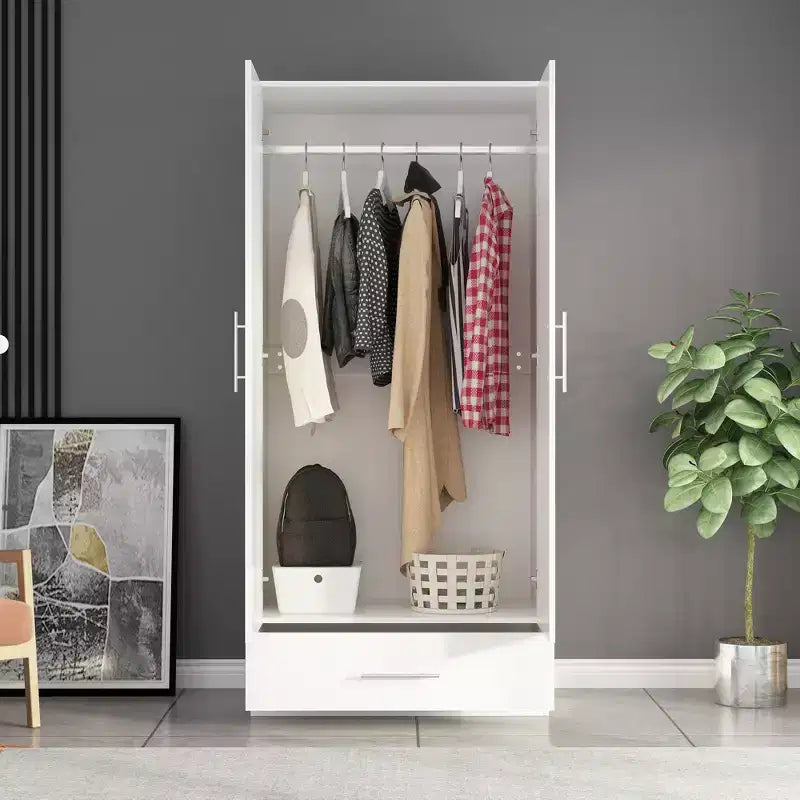 Famapy Double-Door Wardrobe with Drawer Armoire: Hanging Rod + Smooth Hinges Space-Saving Clothing Organizer for Bedrooms