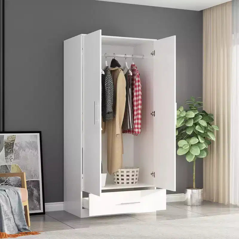 Famapy Double-Door Wardrobe with Drawer Armoire: Hanging Rod + Smooth Hinges Space-Saving Clothing Organizer for Bedrooms