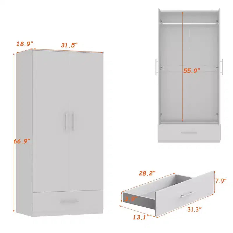 Famapy Double-Door Wardrobe with Drawer Armoire: Hanging Rod + Smooth Hinges Space-Saving Clothing Organizer for Bedrooms