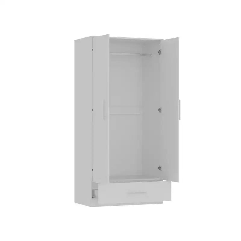 Famapy Double-Door Wardrobe with Drawer Armoire: Hanging Rod + Smooth Hinges Space-Saving Clothing Organizer for Bedrooms