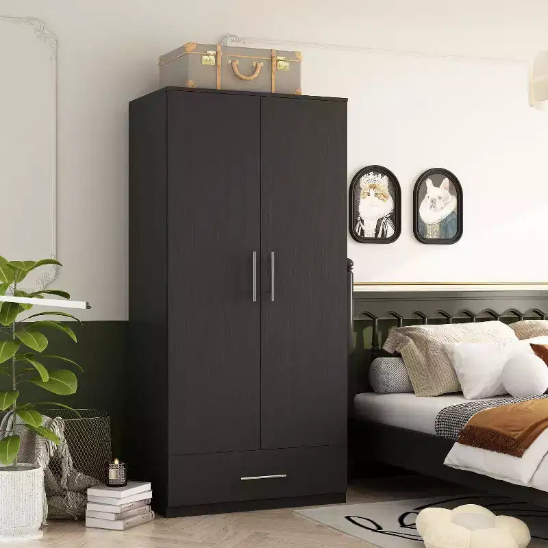 Famapy Double-Door Wardrobe with Drawer Armoire: Hanging Rod + Smooth Hinges Space-Saving Clothing Organizer for Bedrooms
