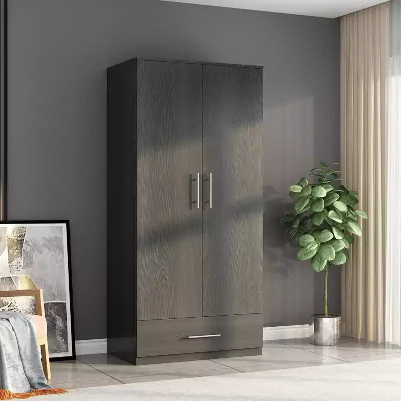 Famapy Double-Door Wardrobe with Drawer Armoire: Hanging Rod + Smooth Hinges Space-Saving Clothing Organizer for Bedrooms