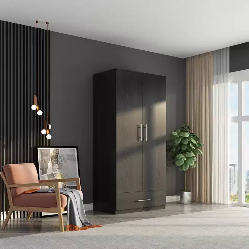 Famapy Double-Door Wardrobe with Drawer Armoire: Hanging Rod + Smooth Hinges Space-Saving Clothing Organizer for Bedrooms