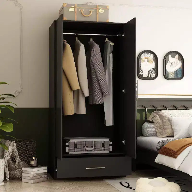 Famapy Double-Door Wardrobe with Drawer Armoire: Hanging Rod + Smooth Hinges Space-Saving Clothing Organizer for Bedrooms