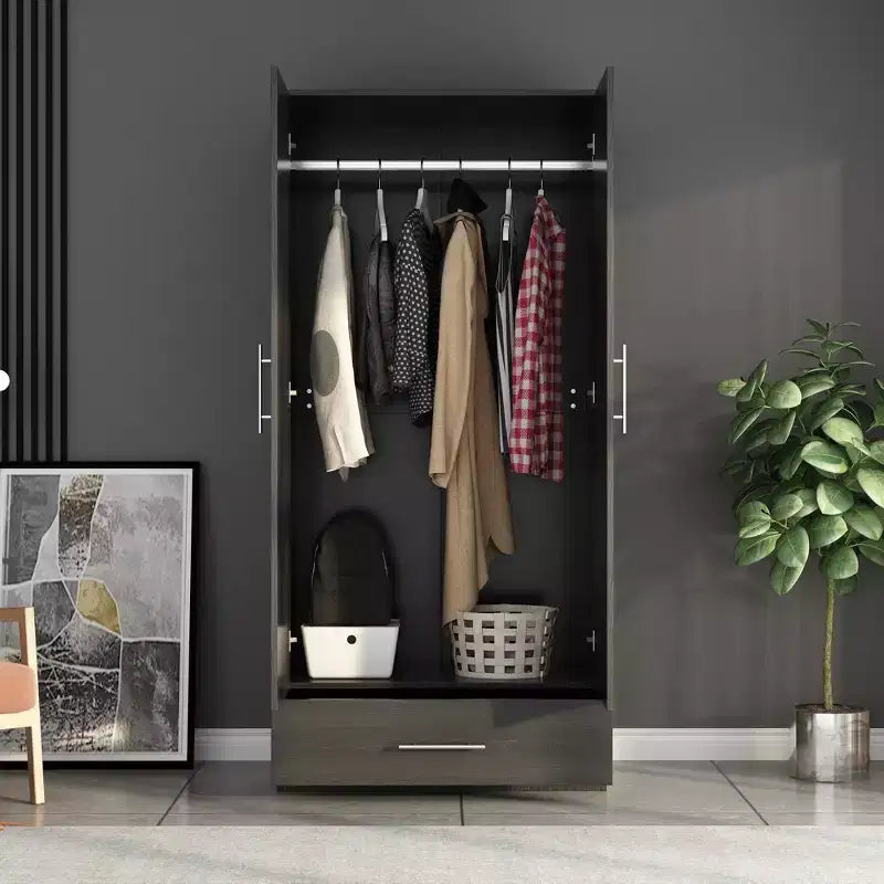 Famapy Double-Door Wardrobe with Drawer Armoire: Hanging Rod + Smooth Hinges Space-Saving Clothing Organizer for Bedrooms