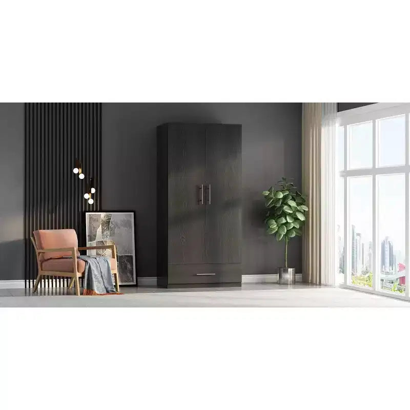Famapy Double-Door Wardrobe with Drawer Armoire: Hanging Rod + Smooth Hinges Space-Saving Clothing Organizer for Bedrooms