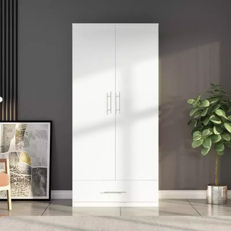 Famapy Double-Door Wardrobe with Drawer Armoire: Hanging Rod + Smooth Hinges Space-Saving Clothing Organizer for Bedrooms