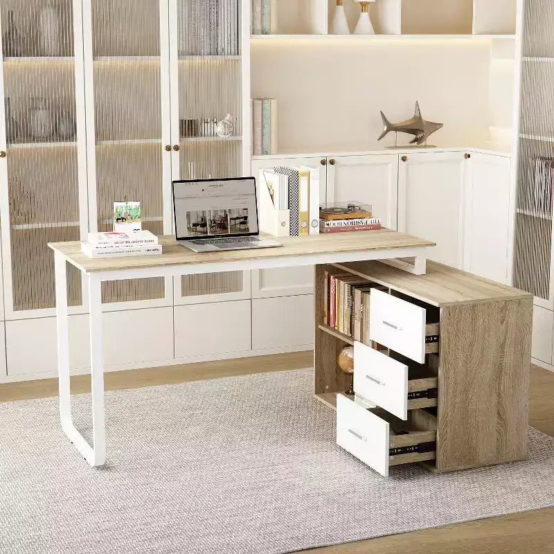 Famapy L-Shaped Wood & Metal Computer Desk Office Desk: 3-Drawer Storage + Open Shelves Multi-Zone Workstation for Home & Office