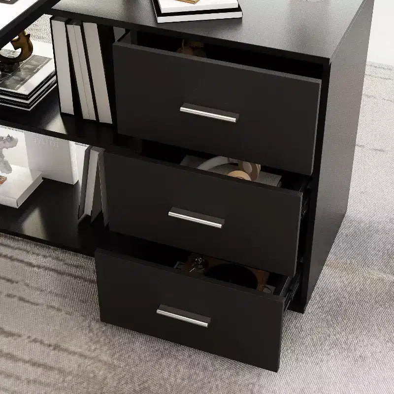 Famapy L-Shaped Wood & Metal Computer Desk Office Desk: 3-Drawer Storage + Open Shelves Multi-Zone Workstation for Home & Office
