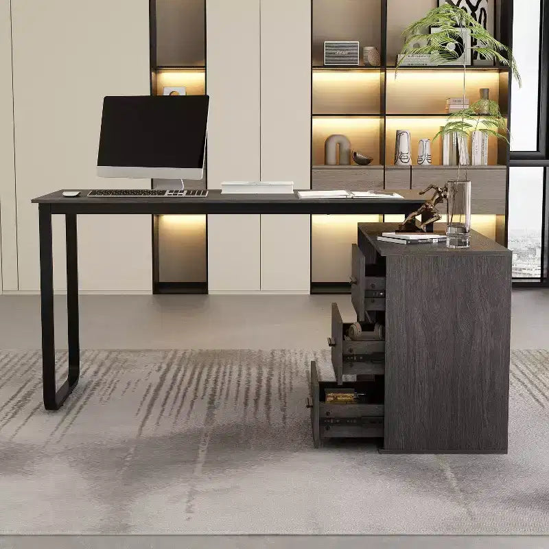 Famapy L-Shaped Wood & Metal Computer Desk Office Desk: 3-Drawer Storage + Open Shelves Multi-Zone Workstation for Home & Office