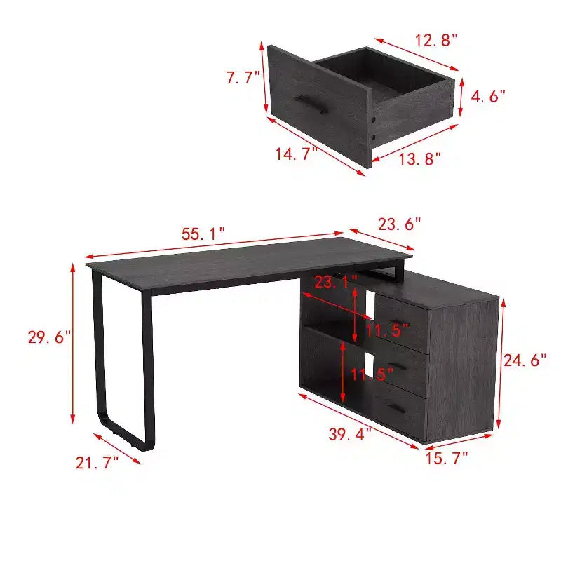 Famapy L-Shaped Wood & Metal Computer Desk Office Desk: 3-Drawer Storage + Open Shelves Multi-Zone Workstation for Home & Office
