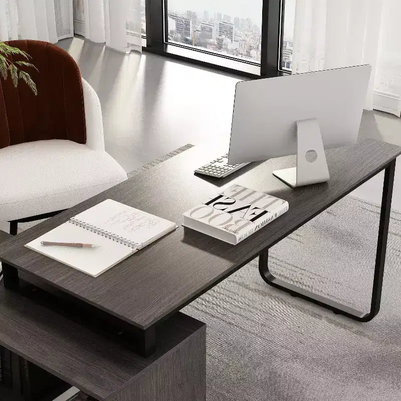 Famapy L-Shaped Wood & Metal Computer Desk Office Desk: 3-Drawer Storage + Open Shelves Multi-Zone Workstation for Home & Office