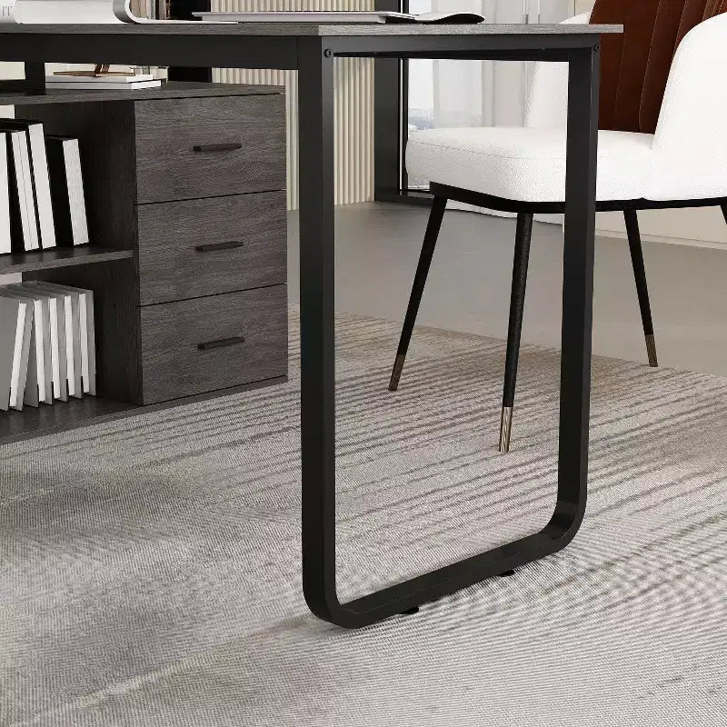 Famapy L-Shaped Wood & Metal Computer Desk Office Desk: 3-Drawer Storage + Open Shelves Multi-Zone Workstation for Home & Office