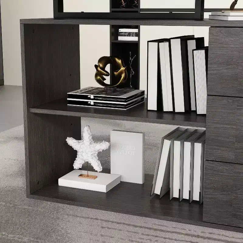 Famapy L-Shaped Wood & Metal Computer Desk Office Desk: 3-Drawer Storage + Open Shelves Multi-Zone Workstation for Home & Office